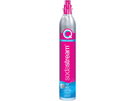Cylindre de CO2 SodaStream Quick Connect en rose et argent avec le logo de la marque.