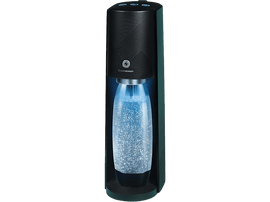 Machine SodaStream avec partie supérieure noire et bouteille transparente. Lumière bleue à l