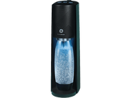 Machine SodaStream avec partie supérieure noire et bouteille transparente. Lumière bleue à l'intérieur.