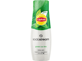 Bouteille de thé glacé vert avec feuilles vertes et logo Lipton. Logo SodaStream.