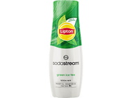 Bouteille de thé glacé vert avec feuilles vertes et logo Lipton. Logo SodaStream.