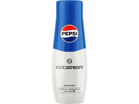 Bouteille de mélange Pepsi SodaStream, blanche et bleue, avec les logos Pepsi et SodaStream.
