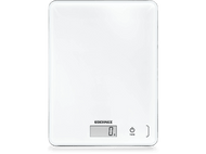 Balance de cuisine numérique blanche avec un écran affichant 0g. Elle a un bouton tare et un bouton marche/arrêt.