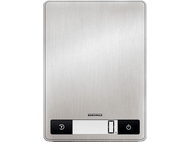 Balance de cuisine argentée avec un affichage numérique indiquant zéro. Elle a des boutons noirs.