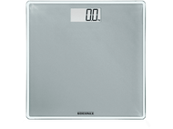 Balance de salle de bain numérique avec surface grise, affichant '0.0 kg' sur fond noir.