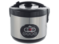 Cuiseur à riz en acier inoxydable avec affichage numérique et boutons.