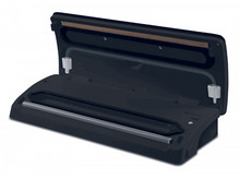 Charger l&#39;image dans la galerie, Scelleuse sous vide noire, ouverte, avec tubes transparents. Couvercle et base noirs.
