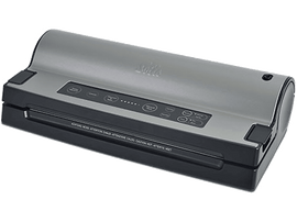 Une machine de scellage sous vide argentée et noire.