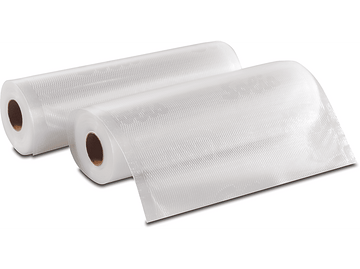 Deux rouleaux de sacs d'emballage sous vide en plastique transparent, côte à côte. Les sacs sont enroulés.
