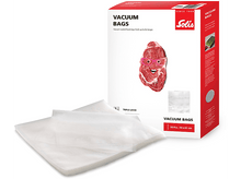 Charger l&#39;image dans la galerie, Boîte de sacs sous vide avec une coupe de viande portant des lunettes roses.
