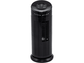 Un ventilateur tour Solis noir. Il possède des boutons pour la minuterie, la vitesse et les ions. Le ventilateur a une façade grillagée.