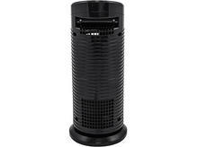 Charger l&#39;image dans la galerie, Un radiateur soufflant cylindrique noir. Il possède une grille en haut et en bas, avec des lignes horizontales. La base est un cercle plus large.
