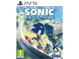 La jaquette du jeu Sonic Frontiers PS5 présente Sonic courant sur un rail avec un fond bleu.