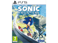 La jaquette du jeu Sonic Frontiers PS5 présente Sonic courant sur un rail avec un fond bleu.