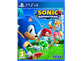 Boîtier du jeu Sonic Superstars PS4. Avec Sonic et ses amis. Couverture colorée avec une bordure bleue. Fond blanc.
