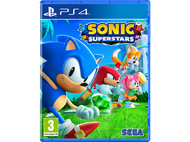 Boîtier du jeu Sonic Superstars PS4. Avec Sonic et ses amis. Couverture colorée avec une bordure bleue. Fond blanc.