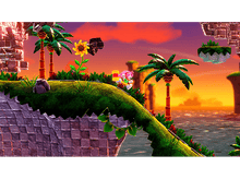 Charger l&#39;image dans la galerie, Amy Rose dans une scène de jeu, courant sur une plateforme verte avec palmiers et coucher de soleil.

