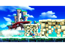 Charger l&#39;image dans la galerie, Sonic dans une scène de jeu, sautant des blocs de pierre. Créature robotique rouge volant.
