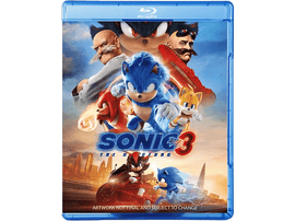 Couverture Blu-ray du film Sonic 3. Sonic, Tails, Knuckles et Dr. Eggman sont présentés avec le titre.