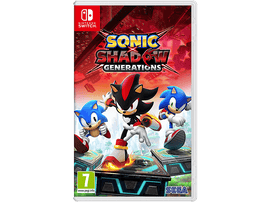 Pochette du jeu Sonic X Shadow Generations avec Sonic, Shadow et Sonic avec un fond rouge.