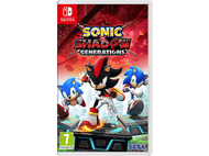Pochette du jeu Sonic X Shadow Generations avec Sonic, Shadow et Sonic avec un fond rouge.