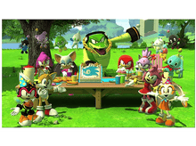 Charger l&#39;image dans la galerie, Personnages de Sonic pique-niquant, herbe verte, arbre, gâteau, divers personnages, journée ensoleillée.
