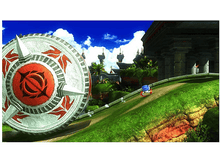 Charger l&#39;image dans la galerie, Sonic court sur une piste verte. Un grand bouclier et une structure en forme de temple en arrière-plan.
