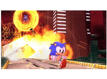 Charger l&#39;image dans la galerie, Sonic court dans un environnement futuriste. Un autre Sonic est dans un anneau. Des bâtiments et un portail de feu sont visibles.

