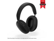 Casque noir, badge TIME Best Inventions 2024. Design minimaliste, flottant dans l'espace, couleur noire.
