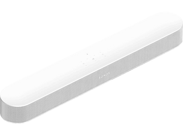 Barre de son Sonos blanche avec façade en mesh. Le logo Sonos est visible.