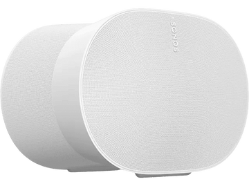 Deux enceintes Sonos blanches côte à côte. Elles ont une forme arrondie.