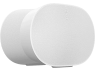 Deux enceintes Sonos blanches côte à côte. Elles ont une forme arrondie.