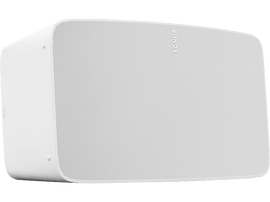 Enceinte Sonos blanche, rectangulaire, façade perforée, fond blanc.