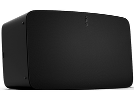 Haut-parleur Sonos noir. Face en maille, logo Sonos. Design incliné, surface noire.