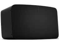 Haut-parleur Sonos noir. Face en maille, logo Sonos. Design incliné, surface noire.