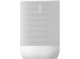 Enceinte Sonos blanche avec petits trous et logo Sonos en haut.