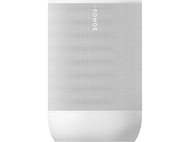 Enceinte Sonos blanche avec petits trous et logo Sonos en haut.