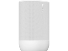 Charger l&#39;image dans la galerie, Enceinte Sonos blanche sur fond blanc. Elle est cylindrique et possède une façade en maille.
