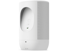 Charger l&#39;image dans la galerie, Haut-parleur intelligent blanc avec une indentation ovale pour les commandes et une section de haut-parleur en maille.

