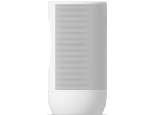 Charger l&#39;image dans la galerie, Un haut-parleur blanc avec une façade perforée et un design incurvé. Il a une base solide.
