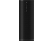 Haut-parleur Sonos cylindrique noir. Le haut-parleur a une surface perforée. Isolé sur noir.