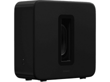 Charger l&#39;image dans la galerie, Un caisson de basses Sonos noir est présenté sur fond noir. C&#39;est un cube rectangulaire.
