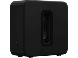 Un caisson de basses Sonos noir est présenté sur fond noir. C