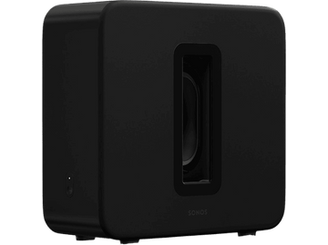 Un caisson de basses Sonos noir est présenté sur fond noir. C'est un cube rectangulaire.