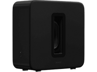 Un caisson de basses Sonos noir est présenté sur fond noir. C'est un cube rectangulaire.