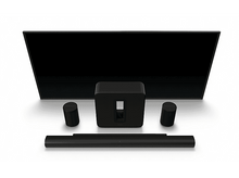 Charger l&#39;image dans la galerie, TV noir, barre de son et deux enceintes sur surface blanche.
