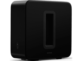 Caisson de basses Sonos noir. Il a une ouverture rectangulaire au milieu et le logo Sonos.