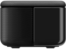 Charger l&#39;image dans la galerie, Barre de son noire avec une grille en mesh à gauche et un côté droit lisse et brillant. Isolé sur fond noir.
