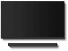 Charger l&#39;image dans la galerie, Un téléviseur noir et une barre de son noire sont affichés sur un fond blanc. Le téléviseur est centré.
