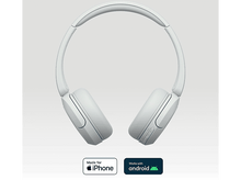 Charger l&#39;image dans la galerie, Casque blanc avec serre-tête et écouteurs. Les logos iPhone et Android sont visibles.
